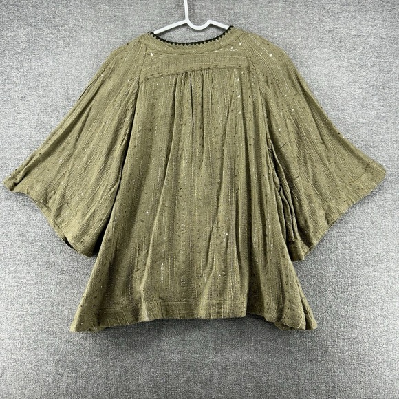 Free People Blouse Women Size Large Olive Green Gold Specks 3/4 Sleeve - Picture 2 of 9